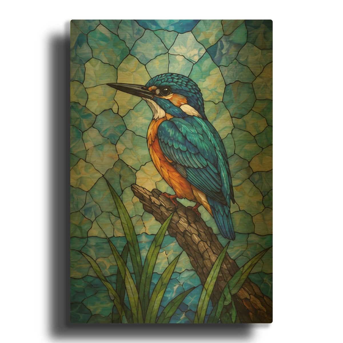 'Stained Glass Style Vertical Kingfisher' By Veve Gold Metal Wall Art