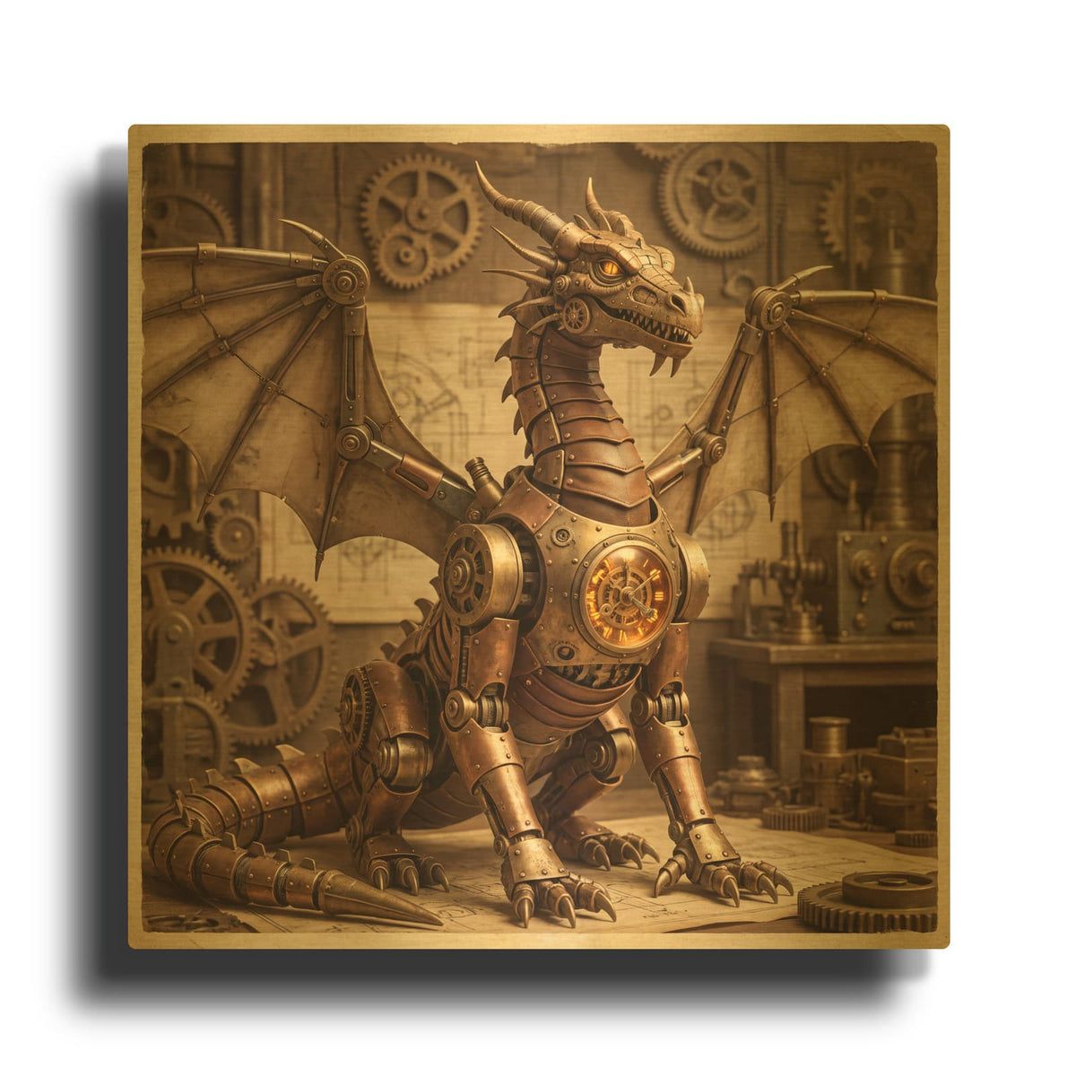 'Steampunk Dragon Blueprint Watcher' By Veve Gold Metal Wall Art