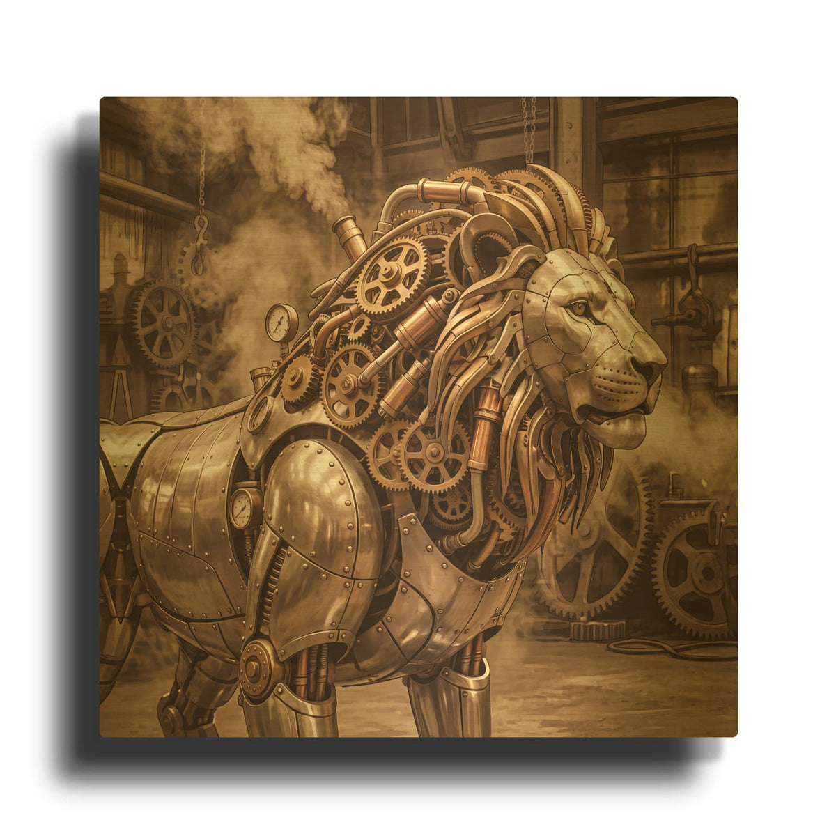 'Steampunk Mechanical Lion' By Veve Gold Metal Wall Art
