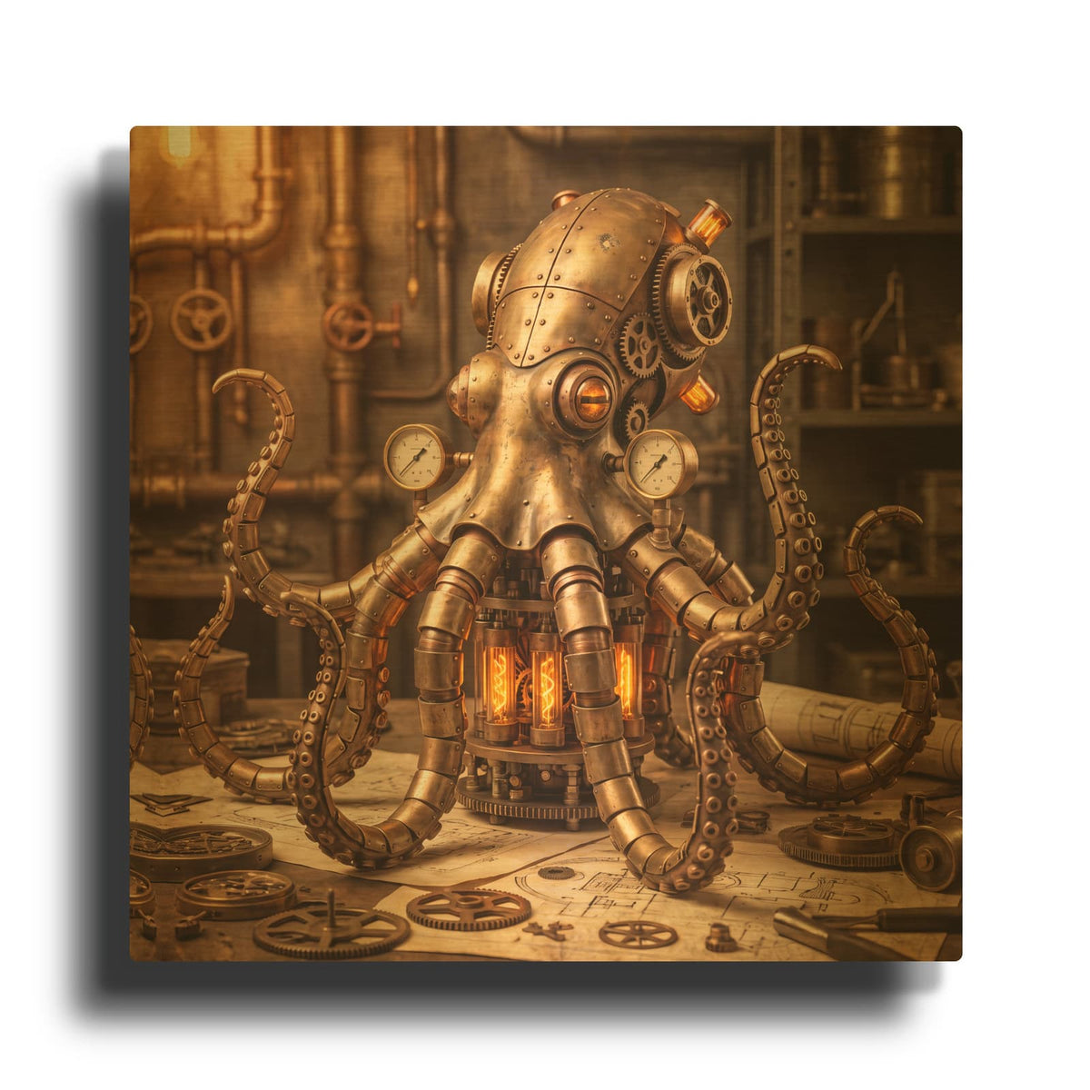 'Steampunk Mechanical Octopus' By Veve Gold Metal Wall Art