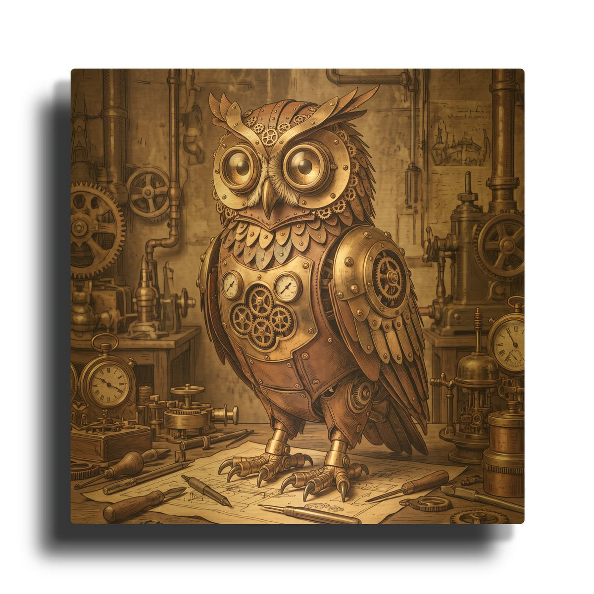 'Steampunk Mechanical Owl' By Veve Gold Metal Wall Art