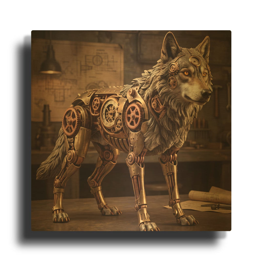'Steampunk Mechanical Wolf Clockwork' By Veve Gold Metal Wall Art