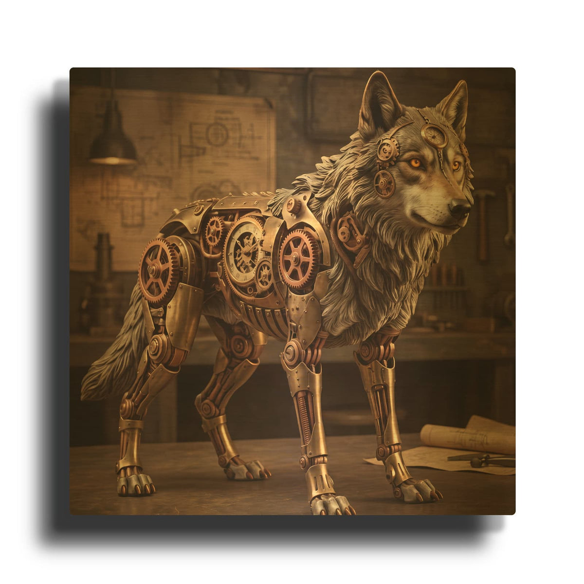 'Steampunk Mechanical Wolf Clockwork' By Veve Gold Metal Wall Art