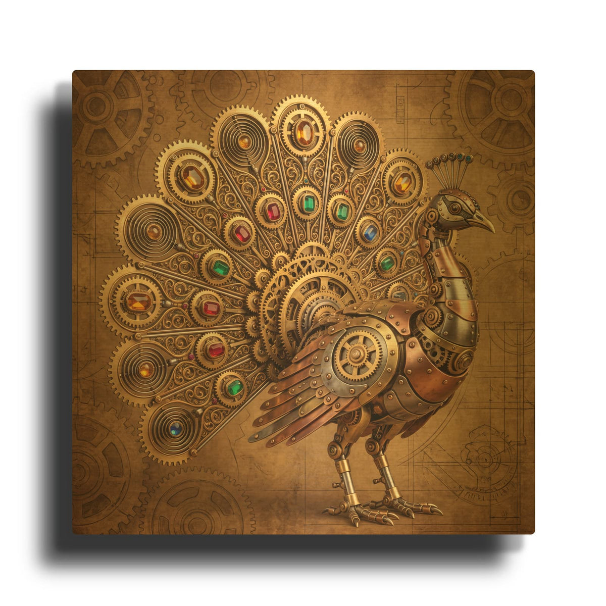 'Steampunk Peacock Jeweled Blueprint' By Veve Gold Metal Wall Art