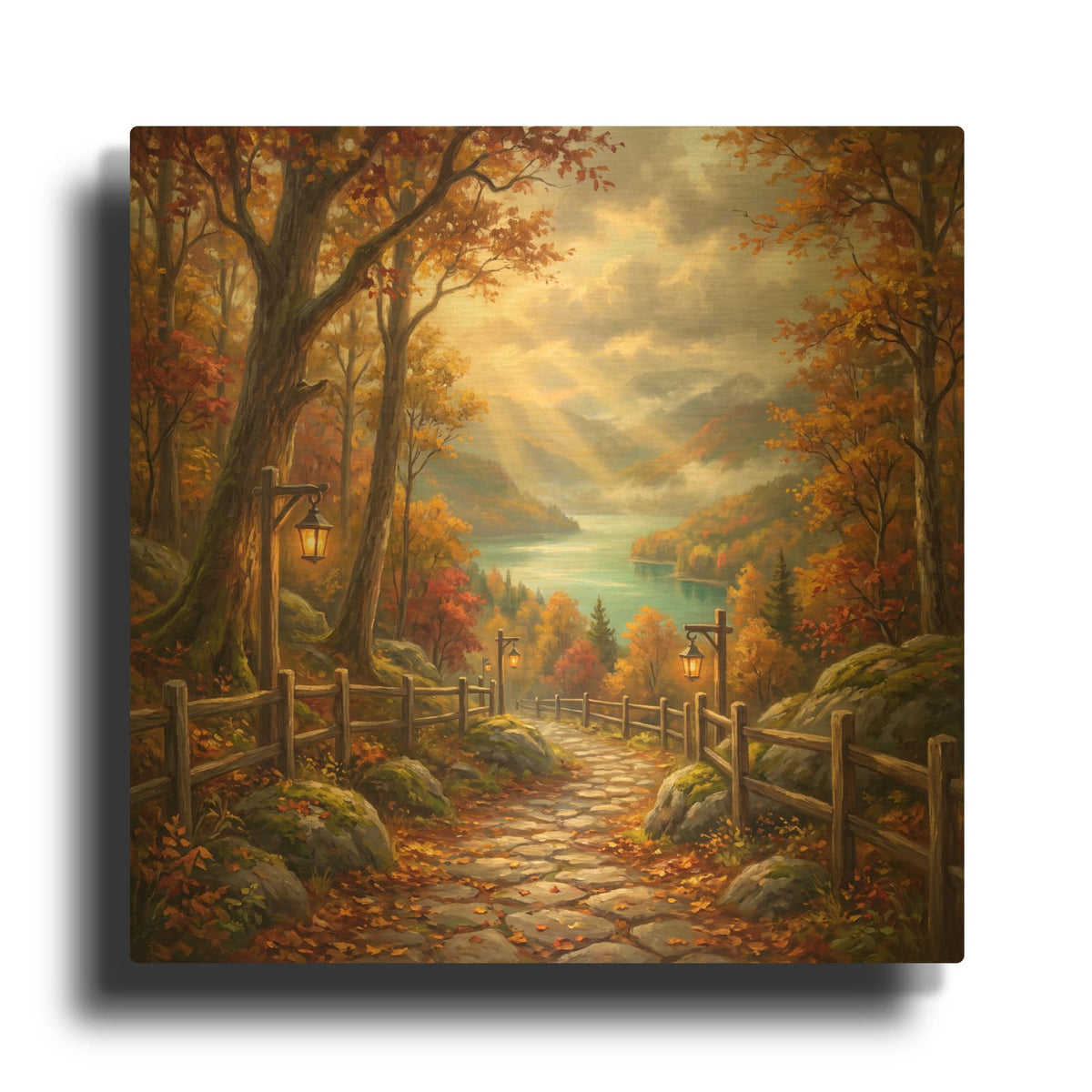 'Stone Path Through Autumn Mountains' By Veve Gold Metal Wall Art