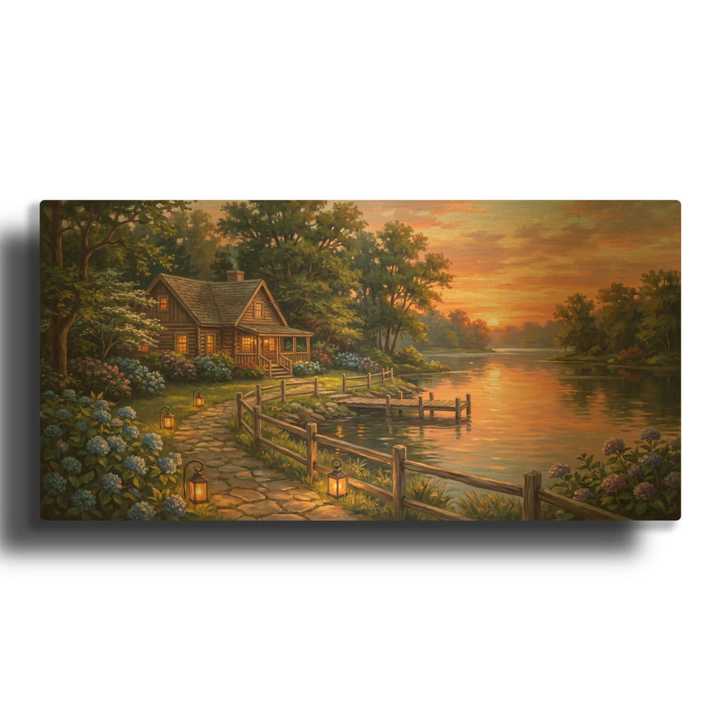'Summer Lake House Sunset Golden Lakeside Landscape' By Veve Gold Metal Wall Art