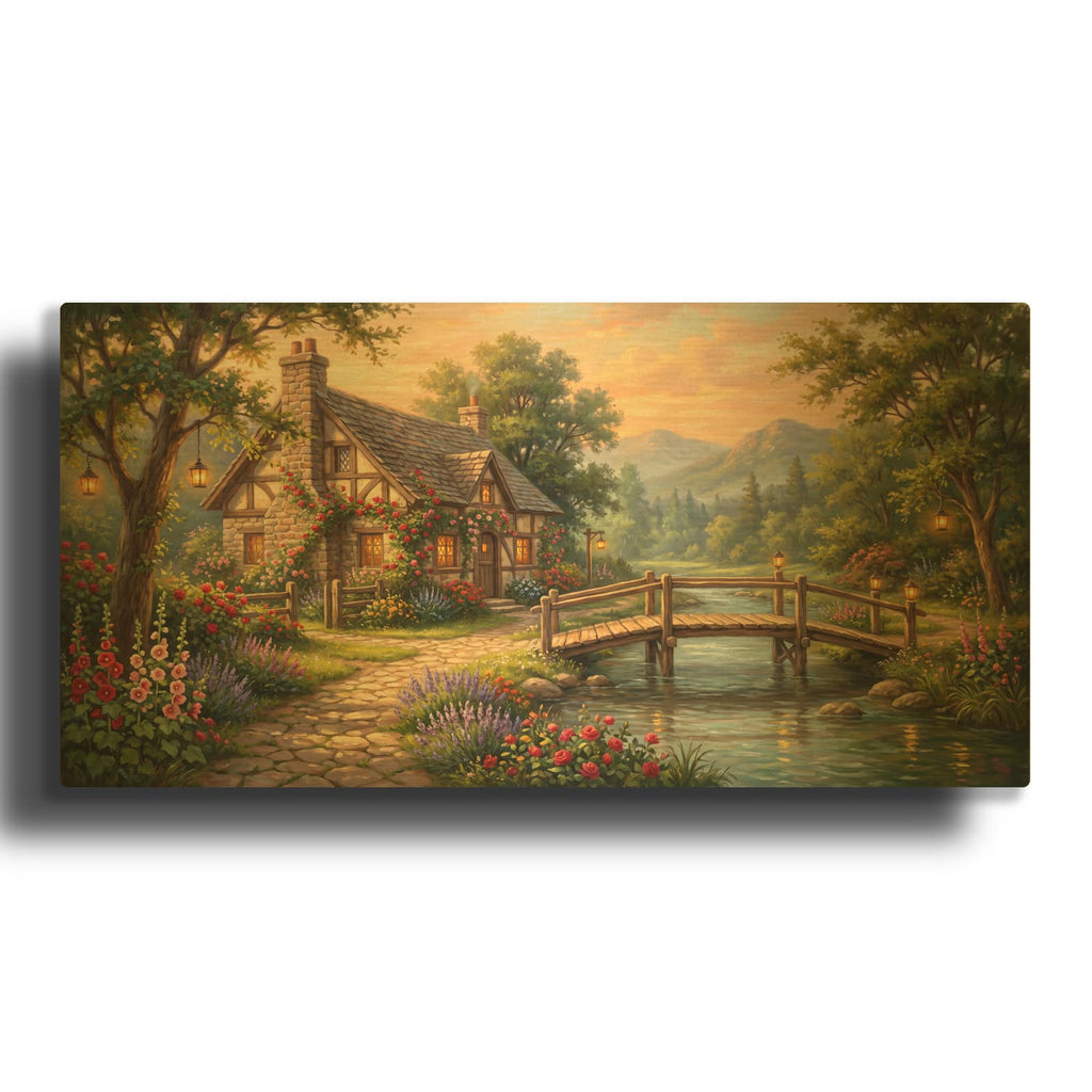 'Summer Riverside Cottage Romantic Country Landscape' By Veve Gold Metal Wall Art