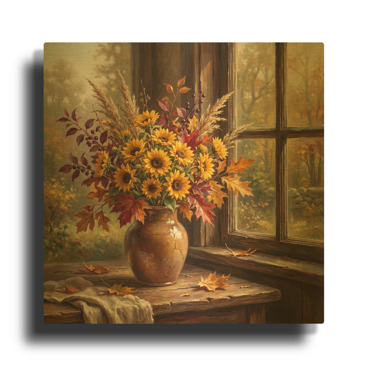 'Sunflowers and Fall Leaves' By Veve Gold Metal Wall Art
