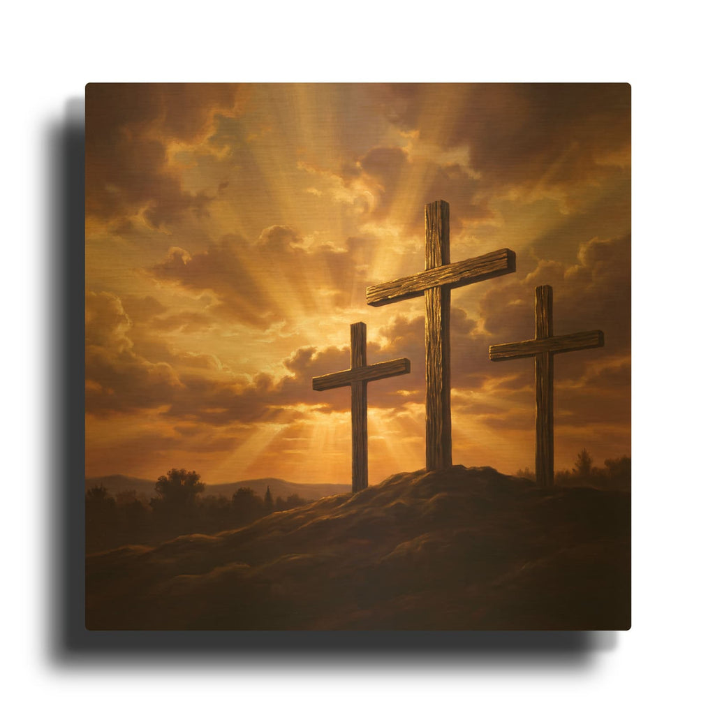 'Three Crosses I' By Veve Gold Metal Wall Art