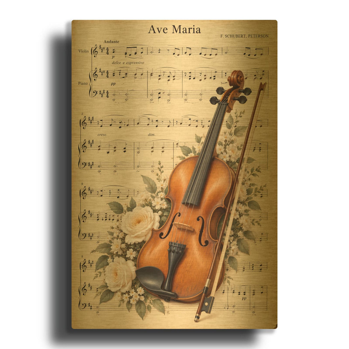 'Violin in Bloom' By Veve Gold Metal Wall Art
