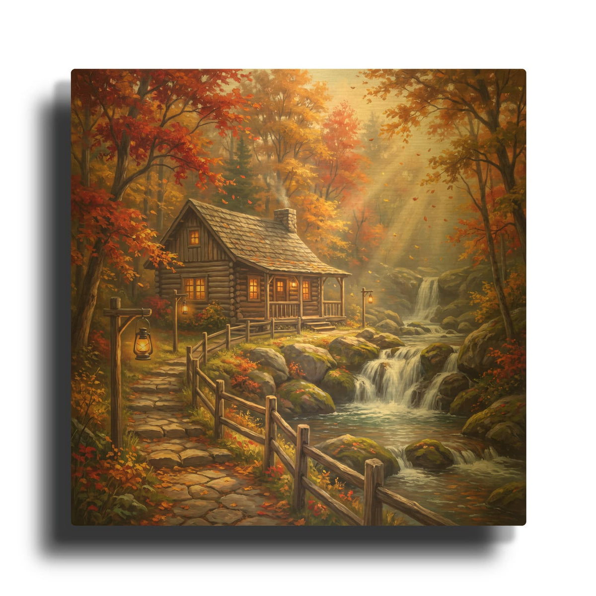 'Waterfall Beside Woodland Cabin' By Veve Gold Metal Wall Art
