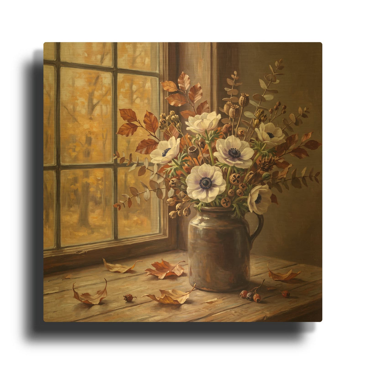 'White Anemones and Autumn Leaves' By Veve Gold Metal Wall Art