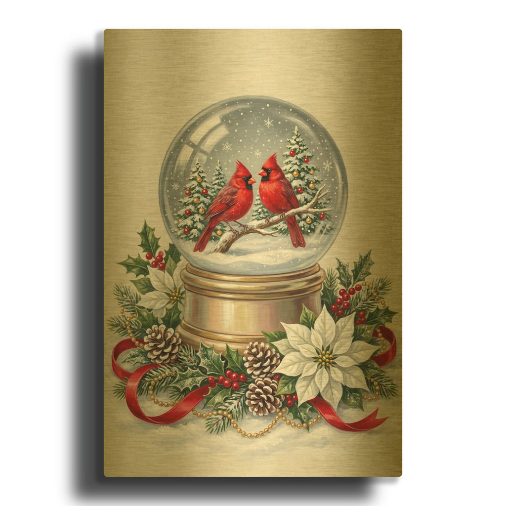 'Winter Cardinals Snow Globe' By Veve Gold Metal Wall Art