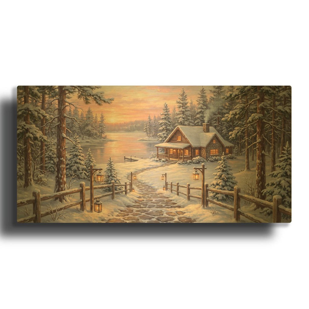 'Winter Lake House at Sunrise' By Veve Gold Metal Wall Art
