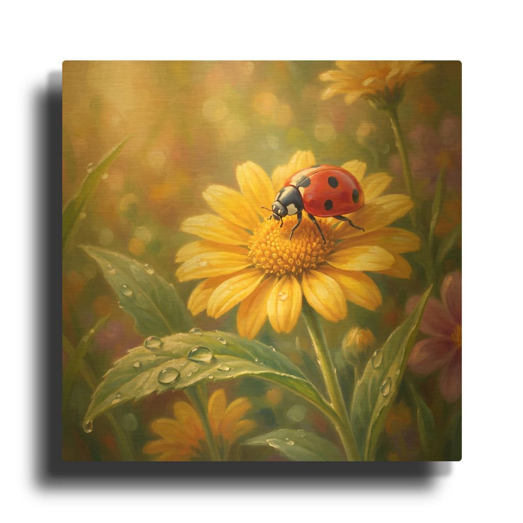 'Yellow Daisy and Ladybug' By Veve Gold Metal Wall Art