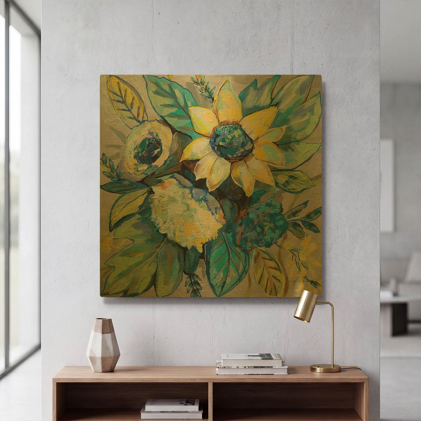 'Sage and Sunflowers I' By Jeanette Vertentes Gold Metal Wall Art