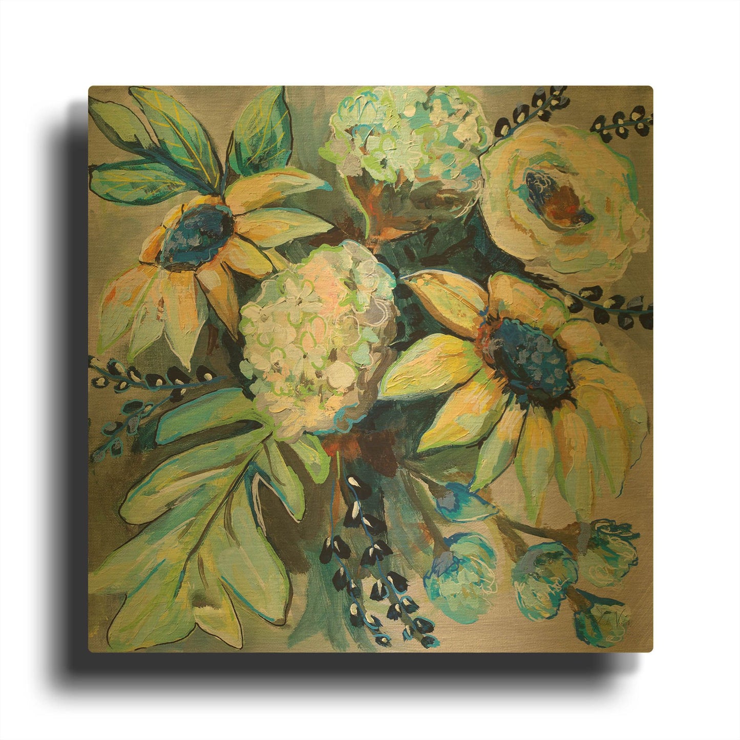 'Sage and Sunflowers II' By Jeanette Vertentes Gold Metal Wall Art