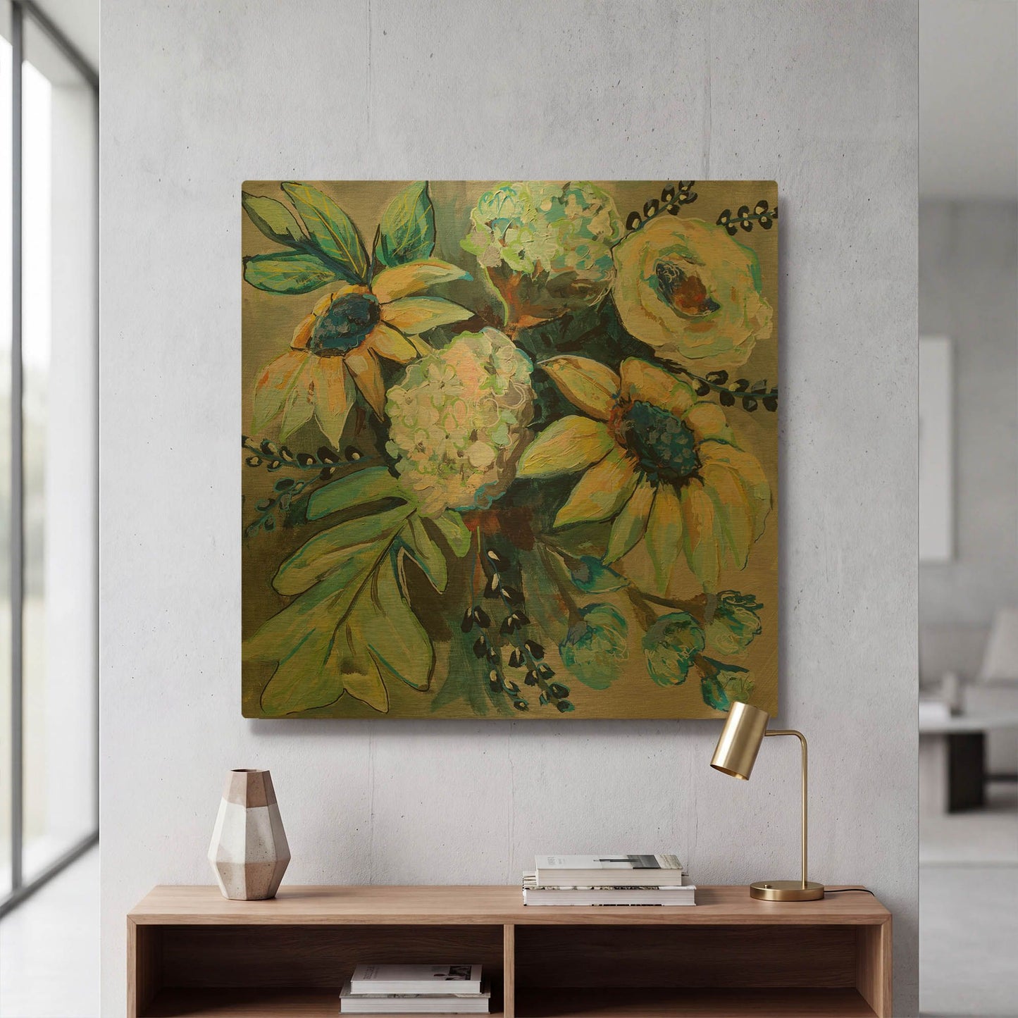 'Sage and Sunflowers II' By Jeanette Vertentes Gold Metal Wall Art
