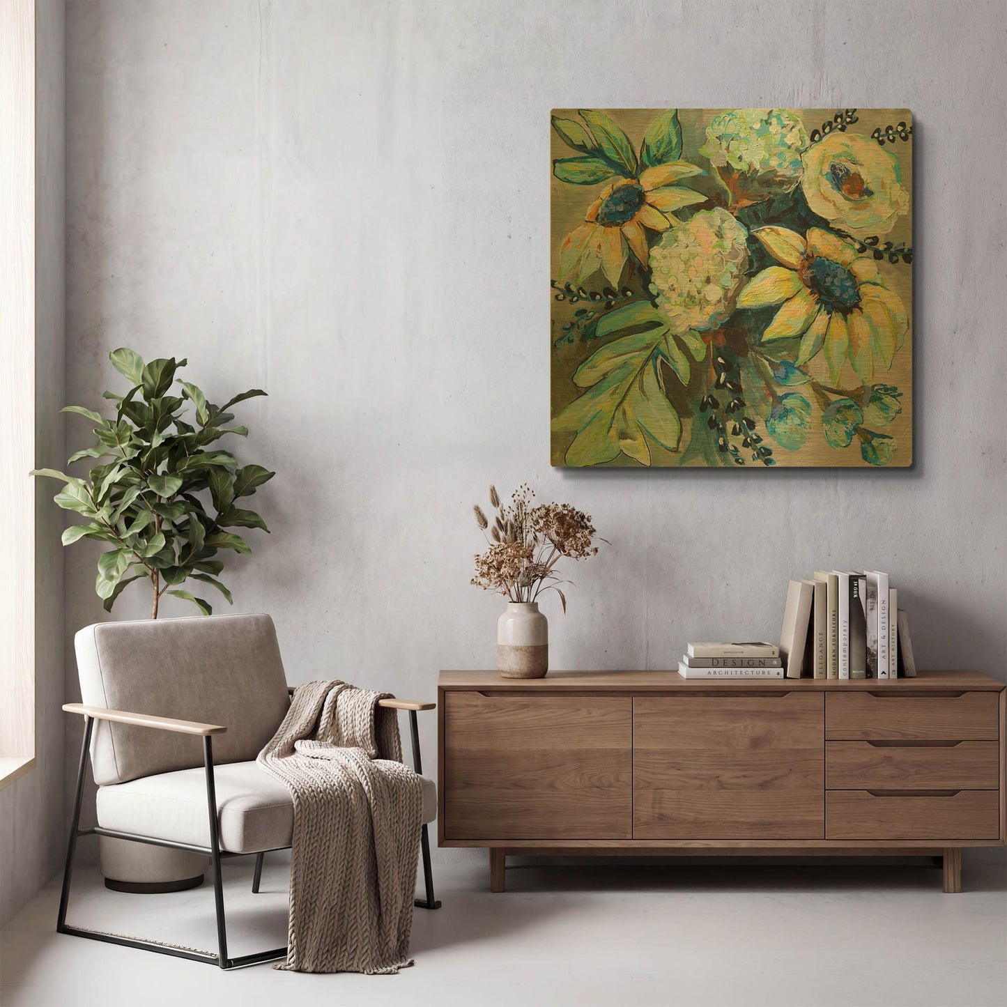 'Sage and Sunflowers II' By Jeanette Vertentes Gold Metal Wall Art