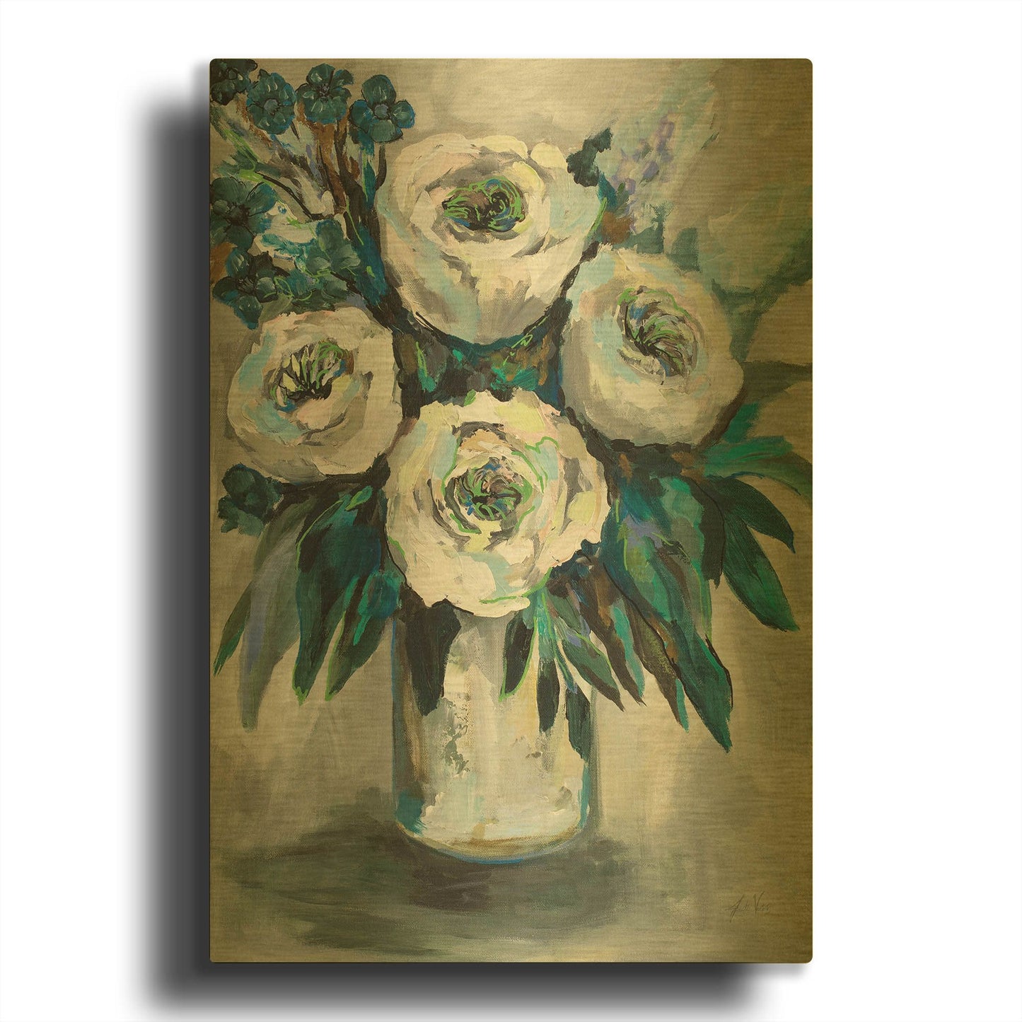 'White Roses Bouquet' By Jeanette Vertentes Gold Metal Wall Art