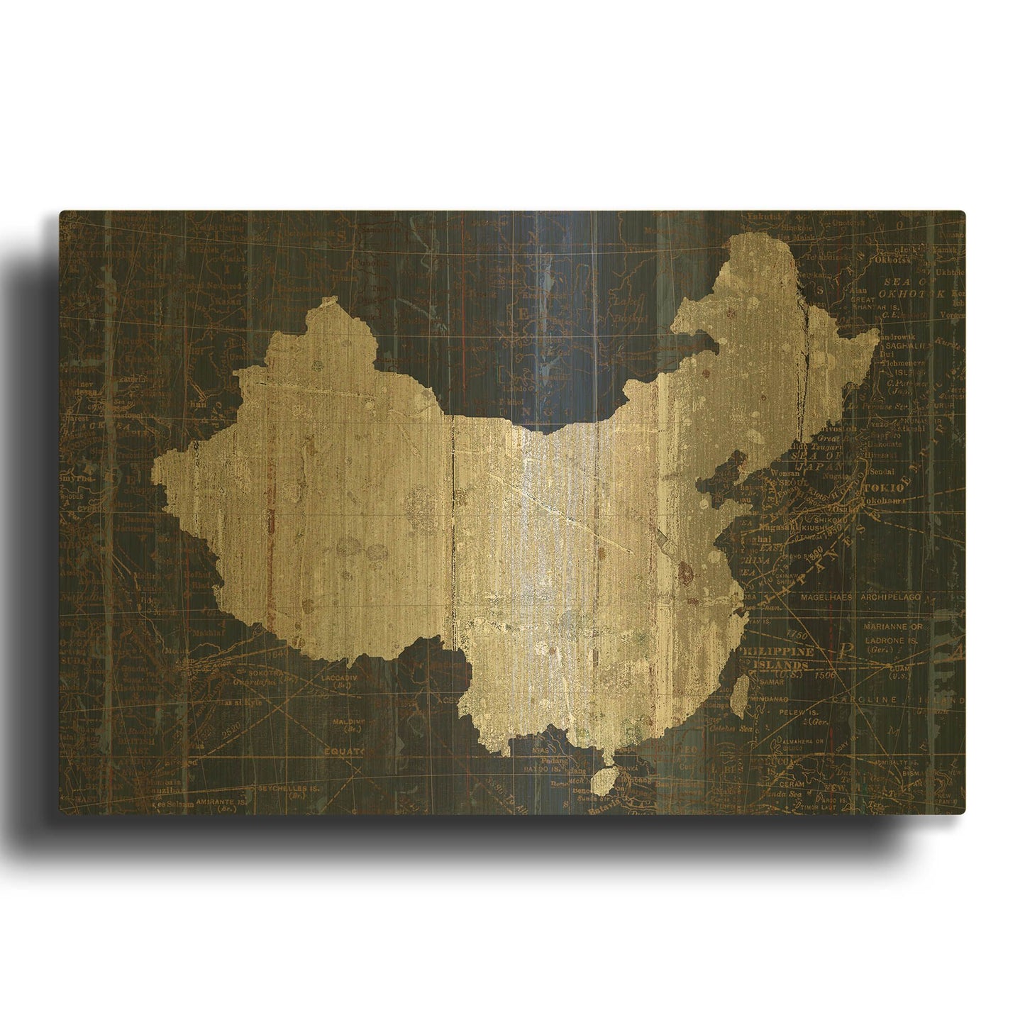 'Old World Map Blue China' By Wild Apple Portfolio Gold Metal Wall Art