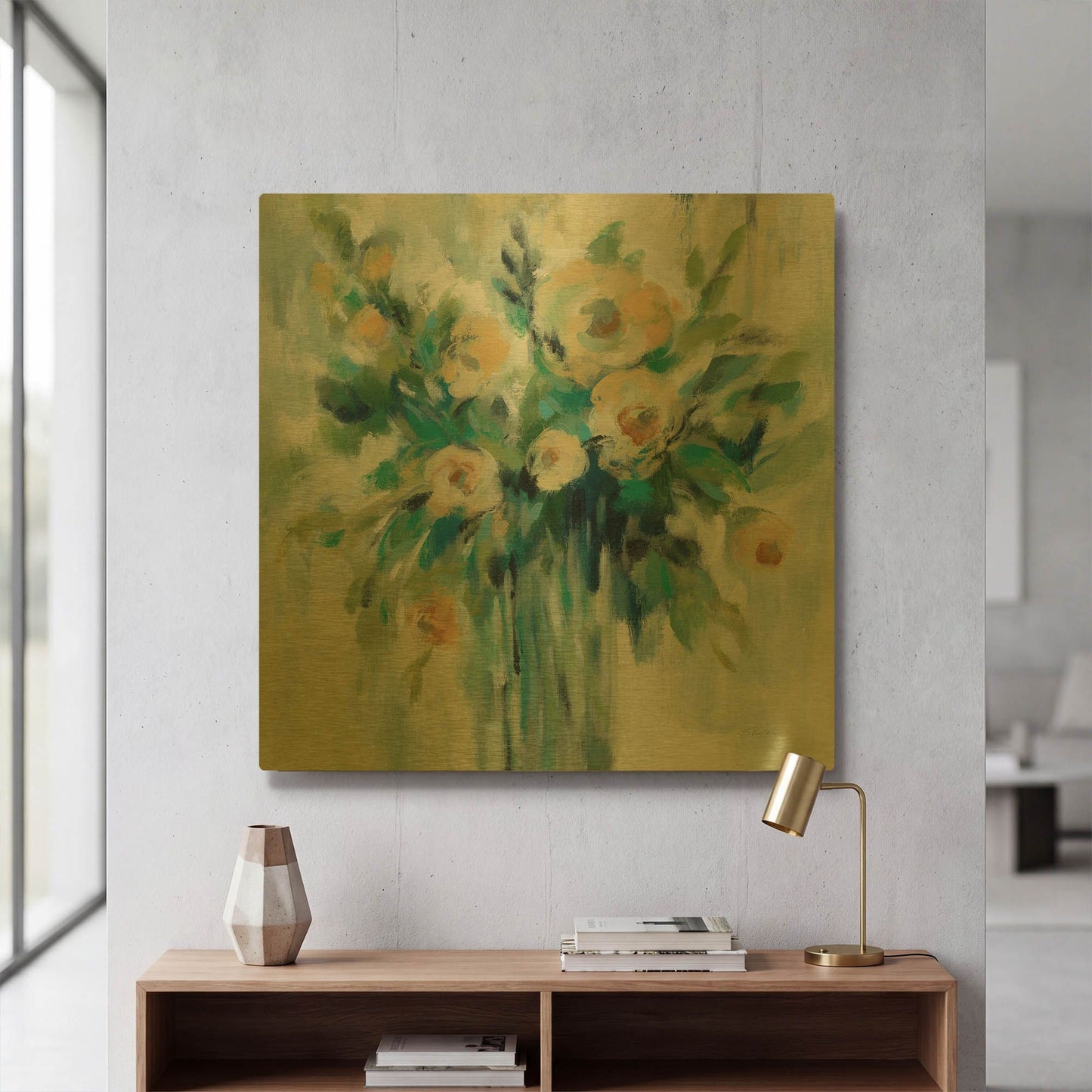 'Vase of Flowers' By Silvia Vassileva Gold Metal Wall Art