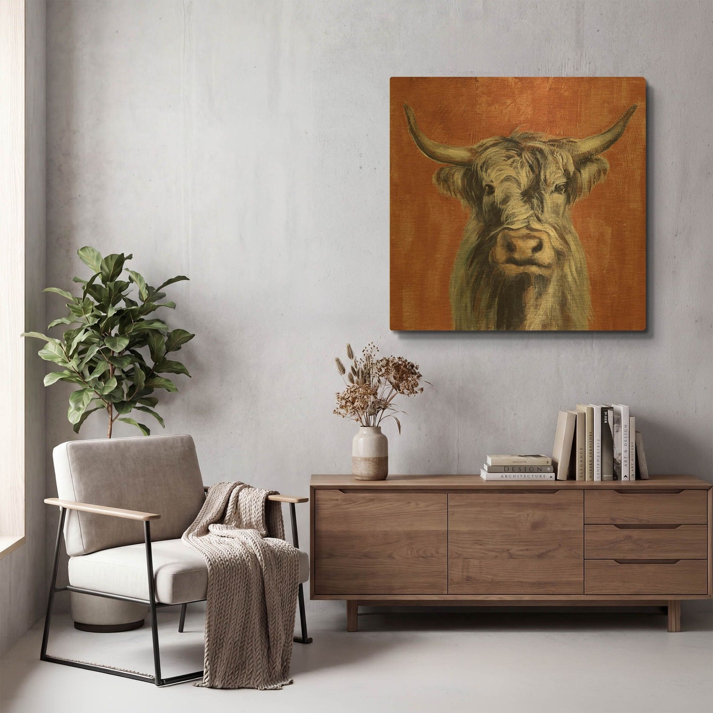 'Highland Cow on Terracotta' By Silvia Vassileva Gold Metal Wall Art