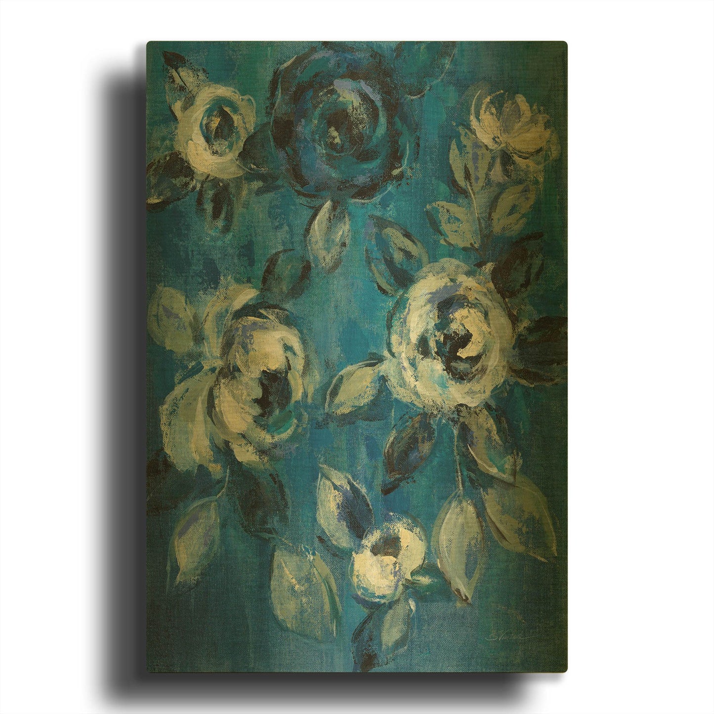 'Loose Flowers on Blue I' By Silvia Vassileva Gold Metal Wall Art