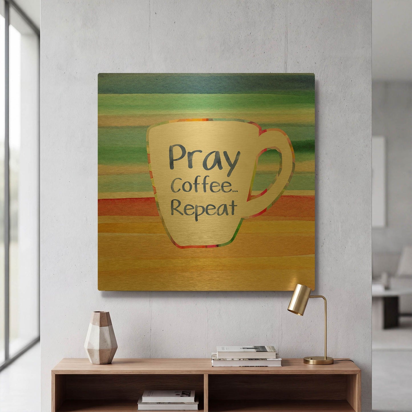 'LW3267-PRAY, COFFEE, REPEAT' By Linda Woods Gold Metal Wall Art