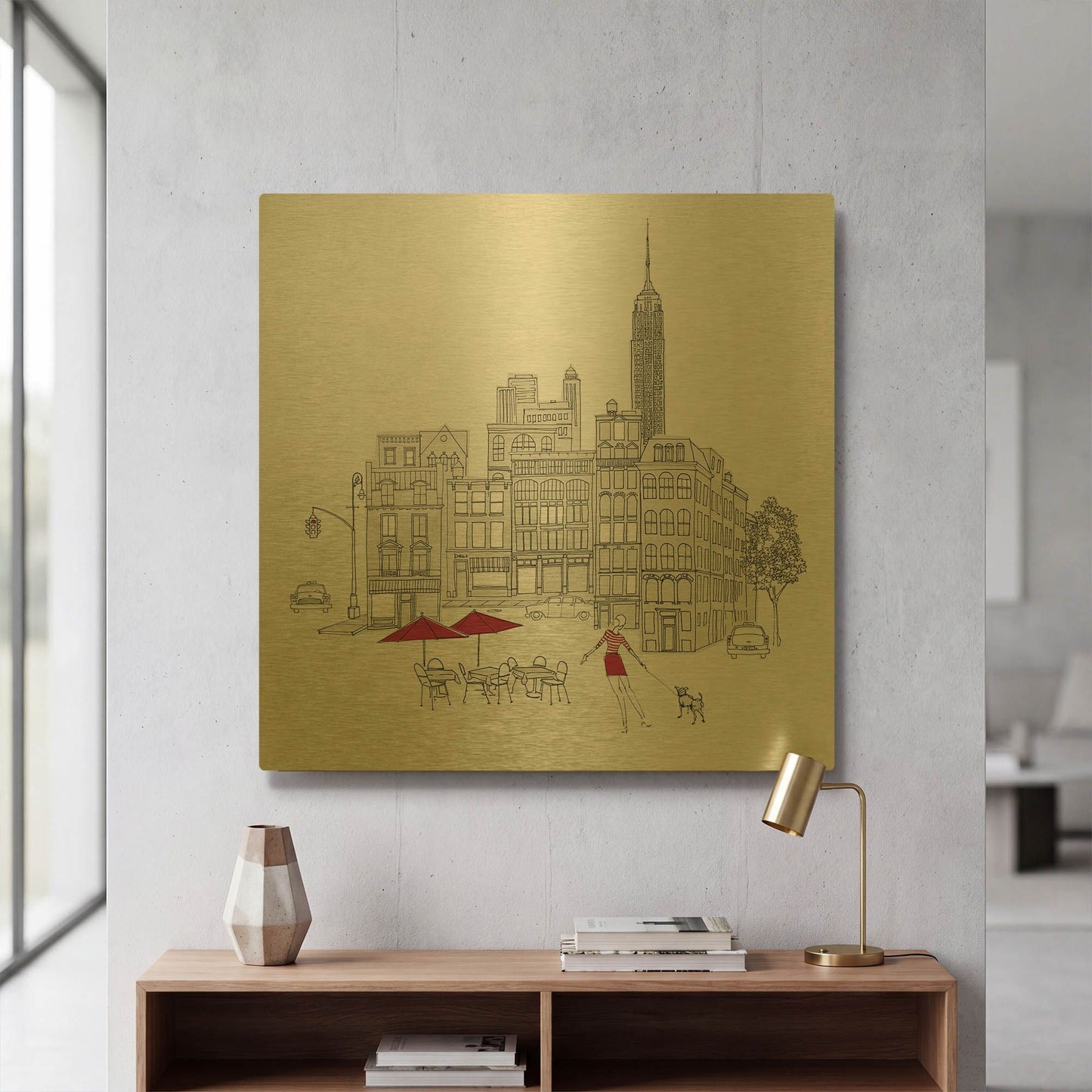 'World Cafe III NYC Red' By Avery Tillmon Gold Metal Wall Art