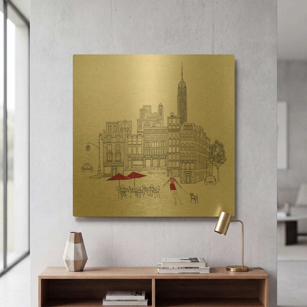 'World Cafe III NYC Red' By Avery Tillmon Gold Metal Wall Art