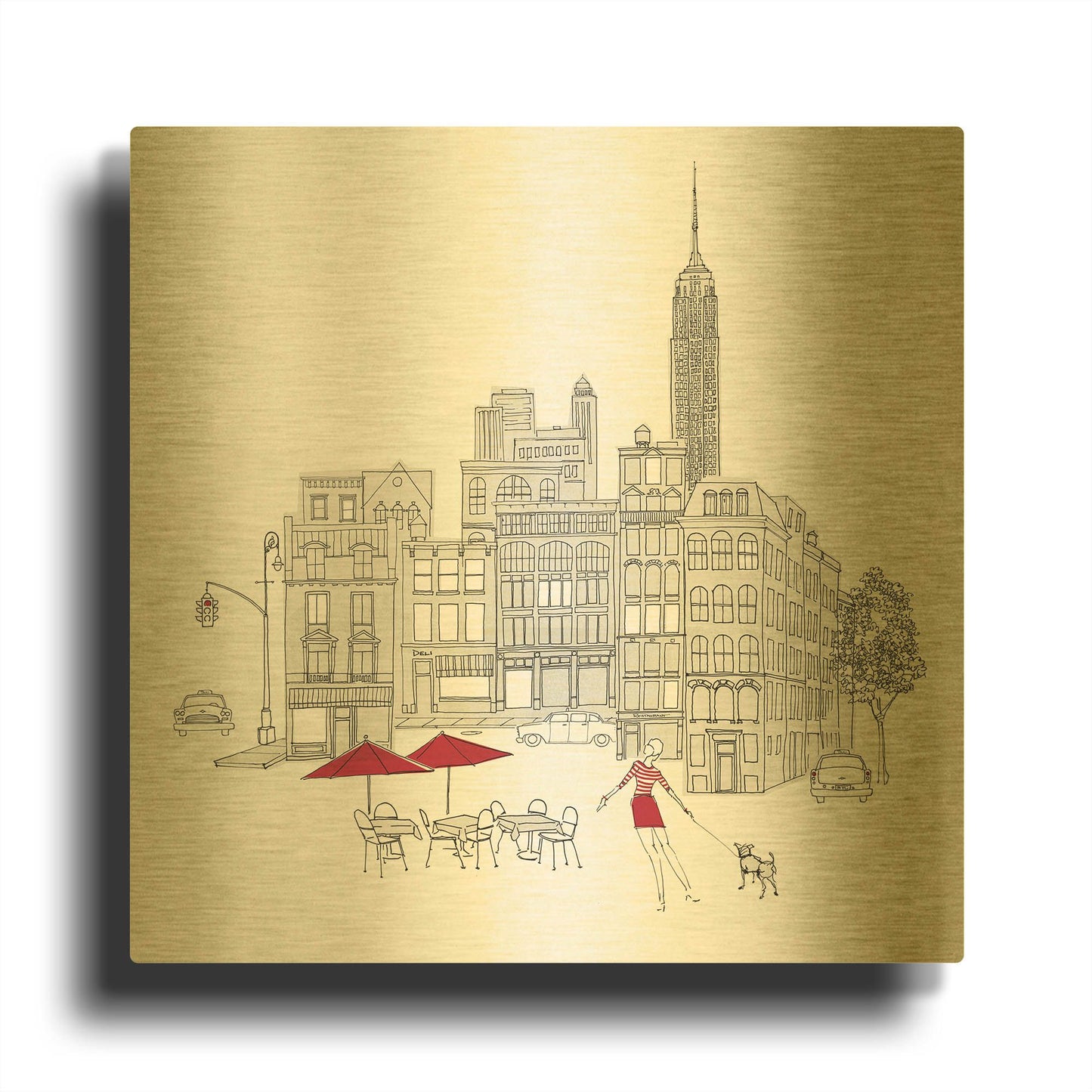 'World Cafe III NYC Red' By Avery Tillmon Gold Metal Wall Art