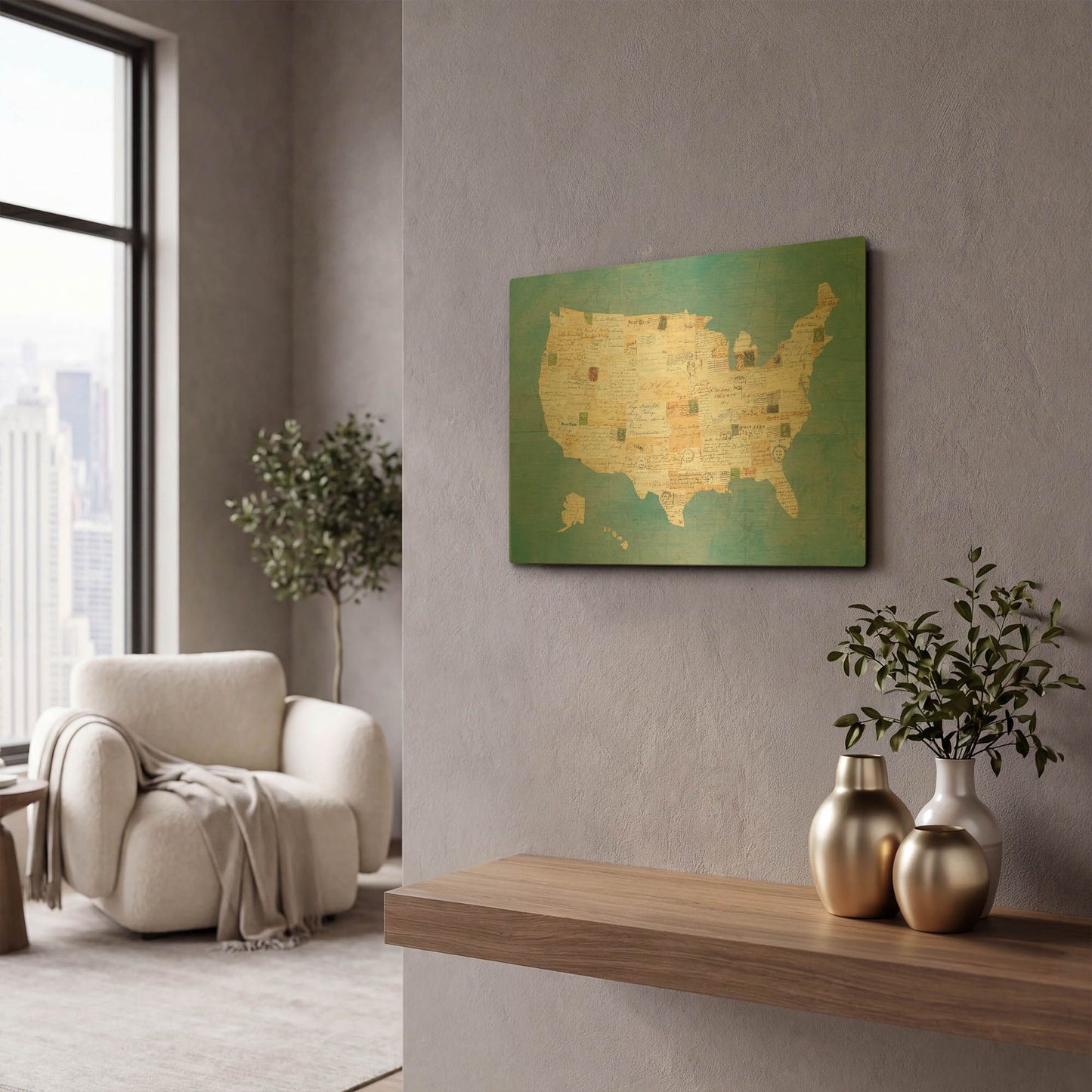 'Vintage USA on Blue' By Courtney Prahl Gold Metal Wall Art