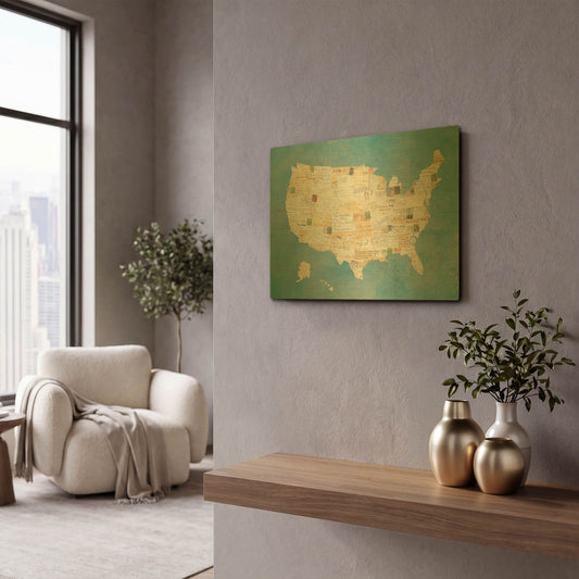 'Vintage USA on Blue' By Courtney Prahl Gold Metal Wall Art