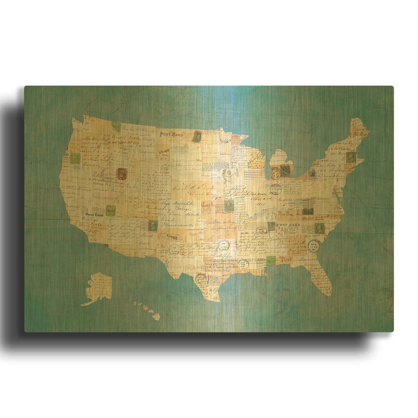 'Vintage USA on Blue' By Courtney Prahl Gold Metal Wall Art