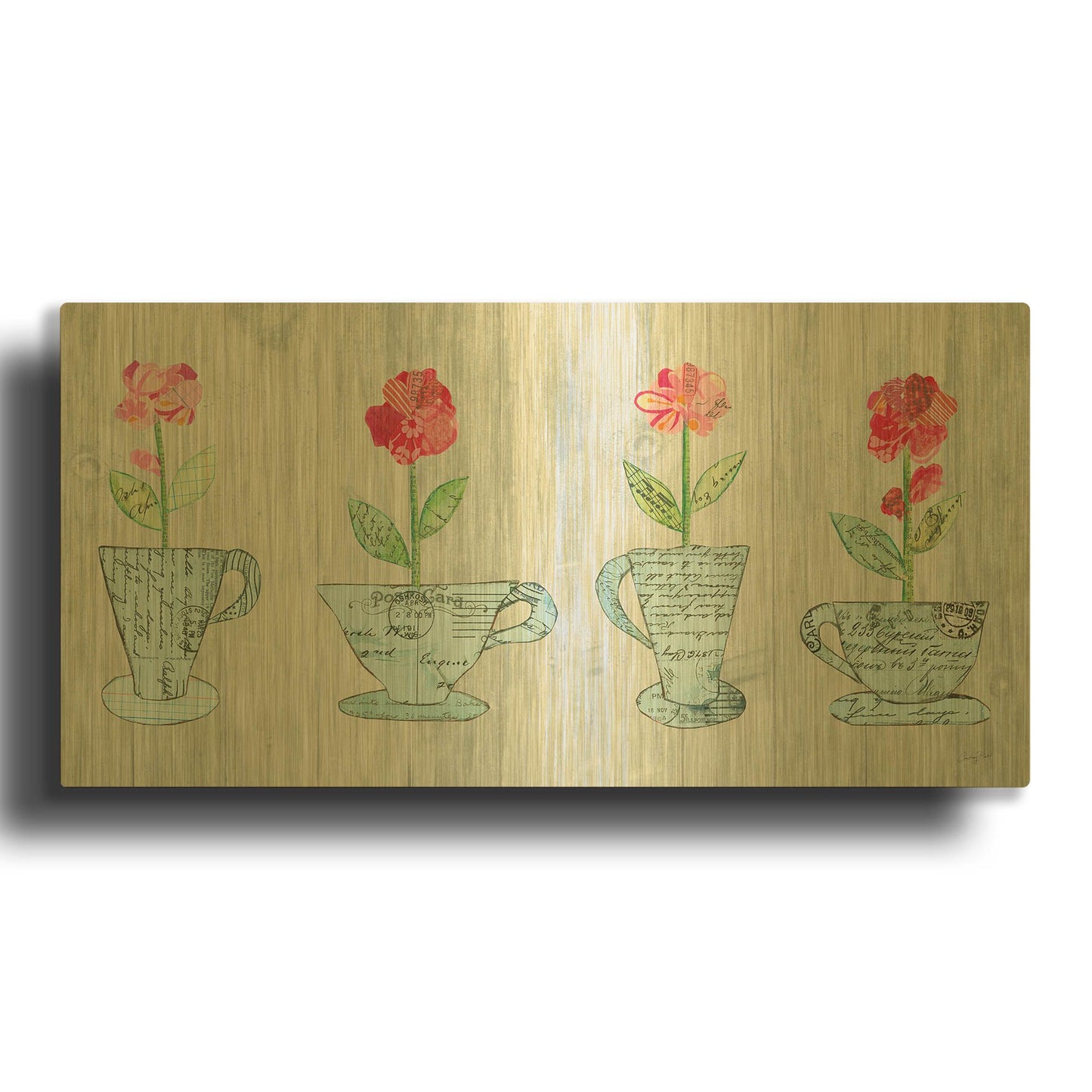 'Teacup Floral V Shiplap' By Courtney Prahl Gold Metal Wall Art