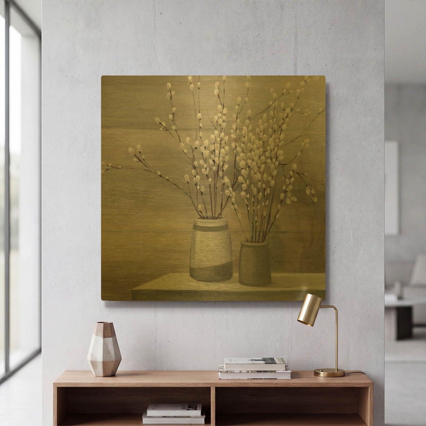 'Pussy Willow Still Life Gray Pots' By Julia Purinton Gold Metal Wall Art