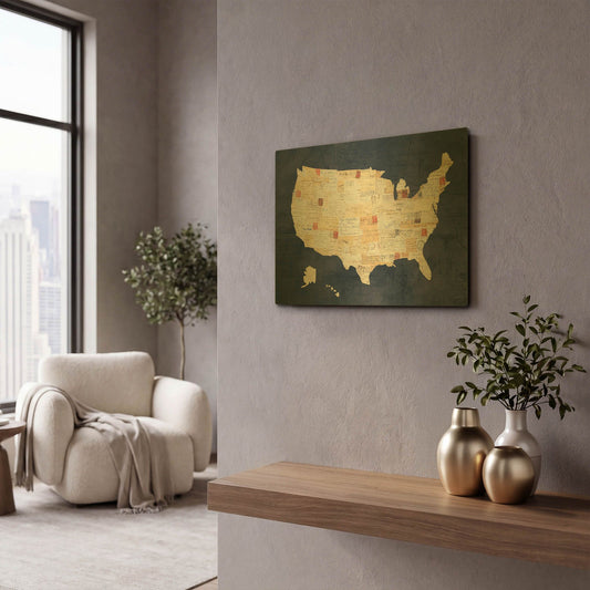 'Vintage USA on Indigo' By Courtney Prahl Gold Metal Wall Art