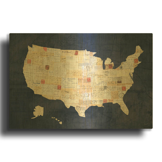 'Vintage USA on Indigo' By Courtney Prahl Gold Metal Wall Art