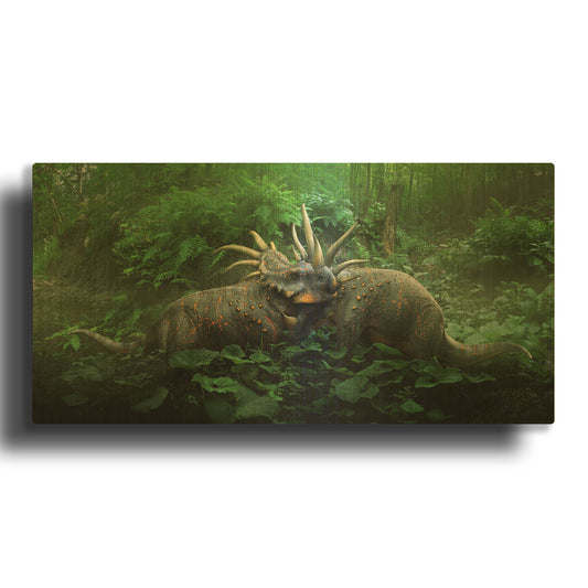'Dueling Styracosurus' By Damir Martin Gold Metal Wall Art
