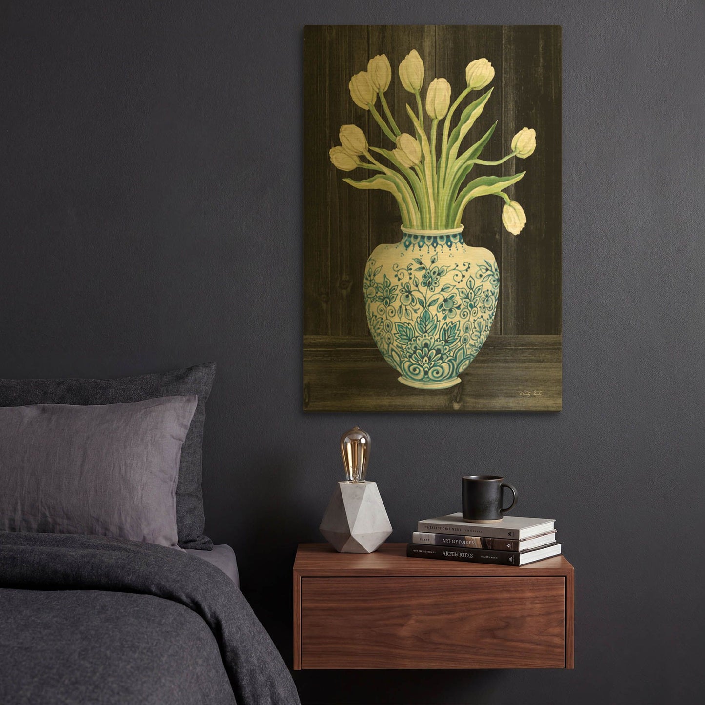 'Blue and White Tulips Black I' By Cindy Jacobs Gold Metal Wall Art