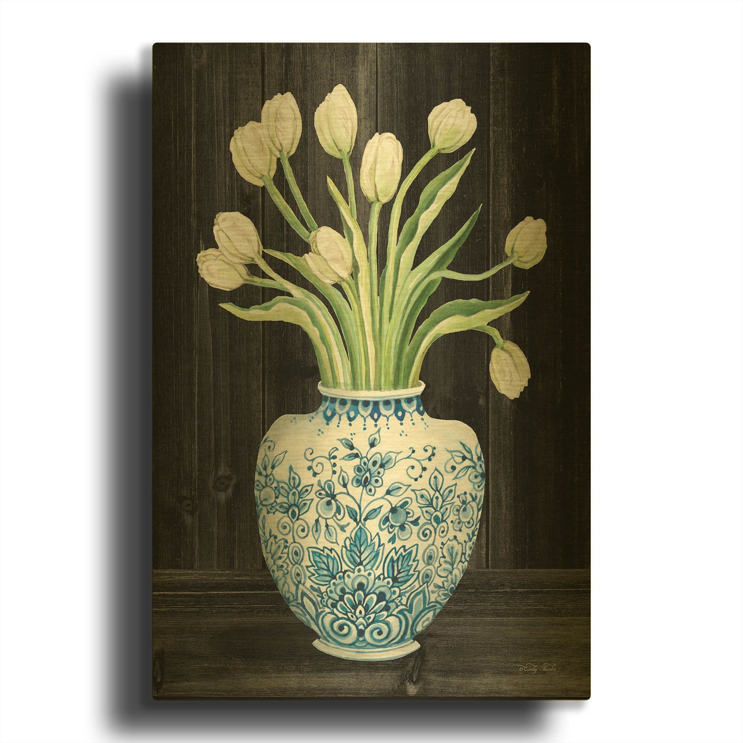 'Blue and White Tulips Black I' By Cindy Jacobs Gold Metal Wall Art