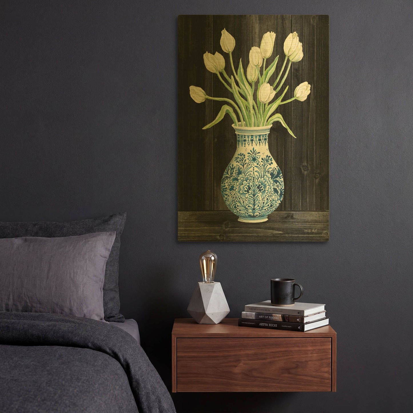 'Blue and White Tulips Black II' By Cindy Jacobs Gold Metal Wall Art