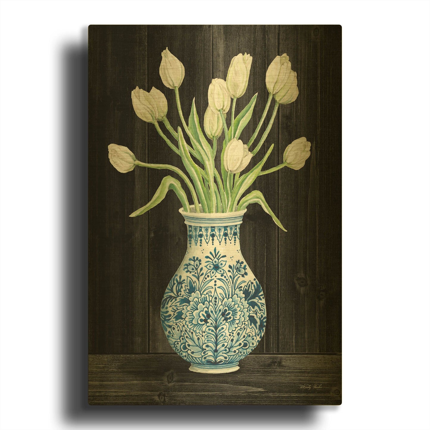 'Blue and White Tulips Black II' By Cindy Jacobs Gold Metal Wall Art