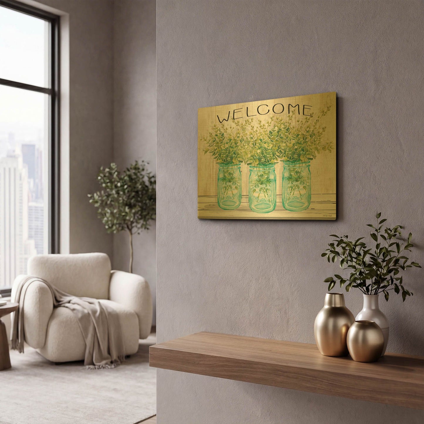 'Welcome Glass Jars' By Cindy Jacobs Gold Metal Wall Art