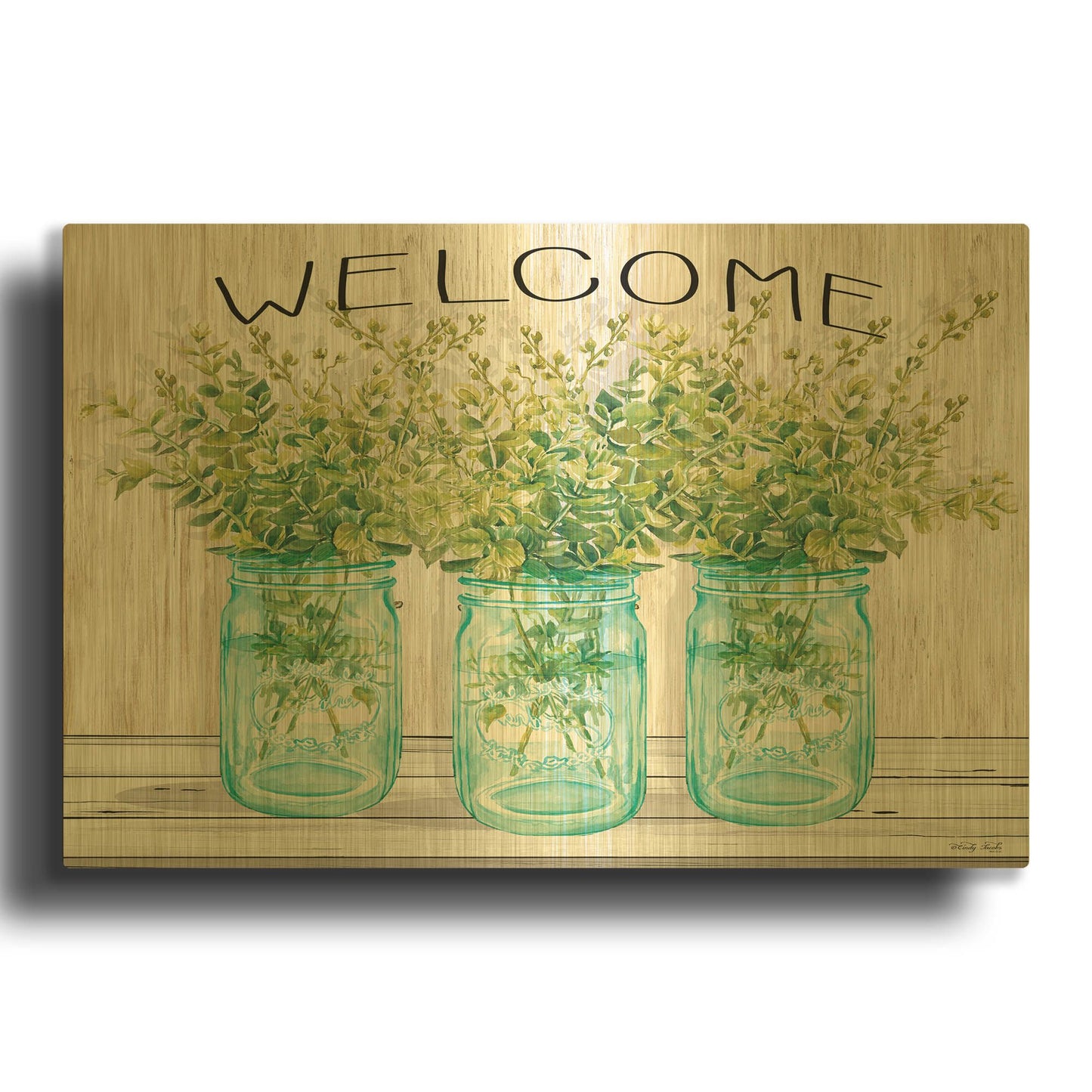 'Welcome Glass Jars' By Cindy Jacobs Gold Metal Wall Art