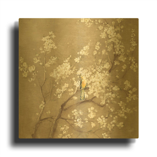 'White Cherry Blossom I Neutral' By Danhui Nai Gold Metal Wall Art