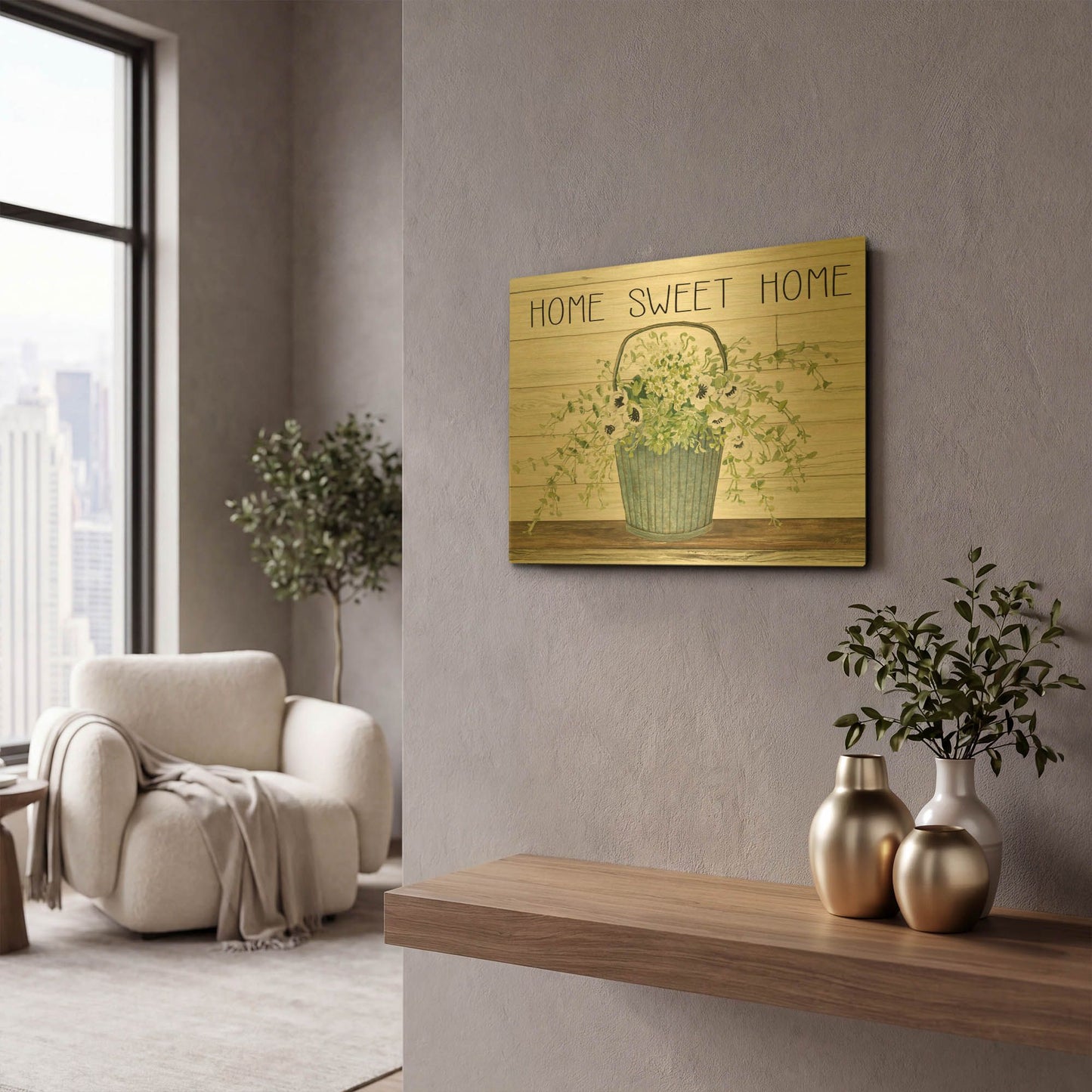'Home Sweet Home Galvanized Bucket' By Cindy Jacobs Gold Metal Wall Art