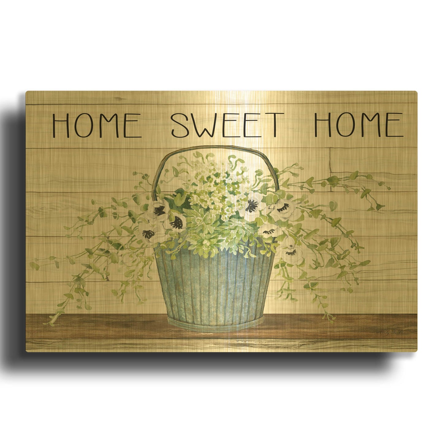 'Home Sweet Home Galvanized Bucket' By Cindy Jacobs Gold Metal Wall Art