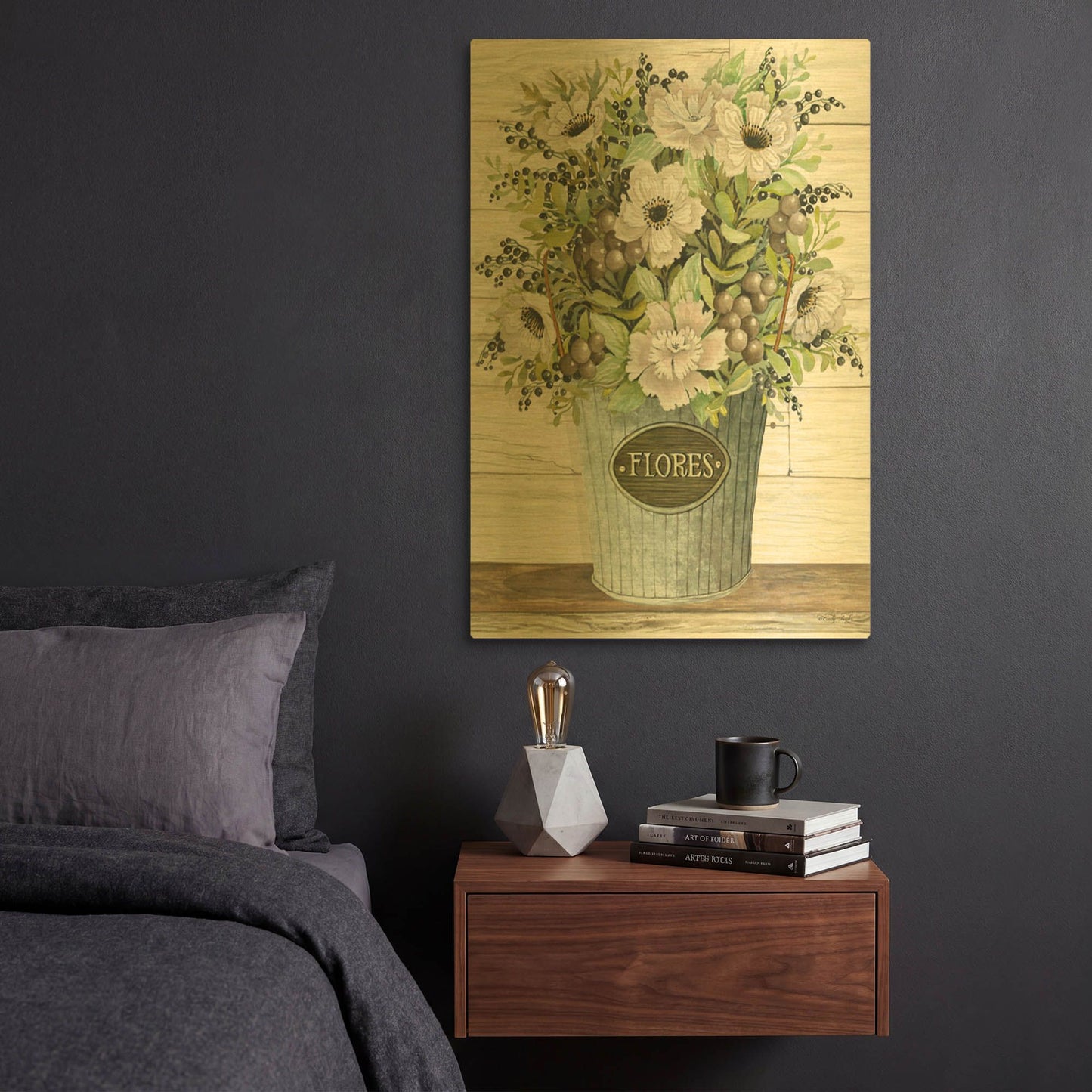 'Flores Galvanized Bucket' By Cindy Jacobs Gold Metal Wall Art